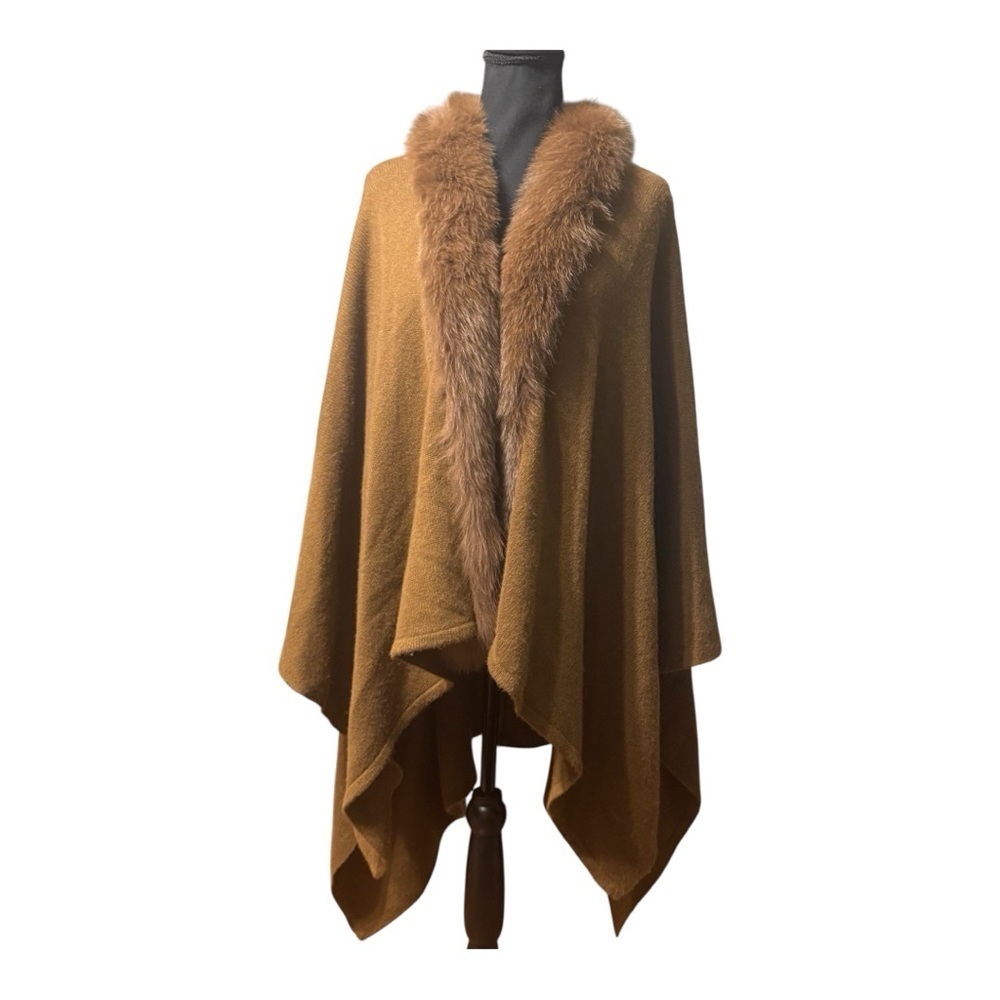 The Cashmere Project Camel Cashmere Cape Poncho w/ Faux Fur Trim